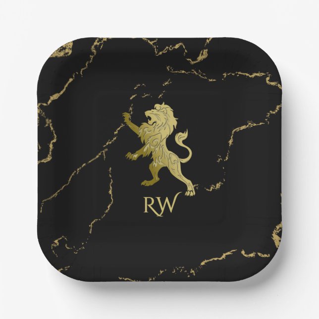 Golden Royal Lion Monogram Paper Plates (Front)