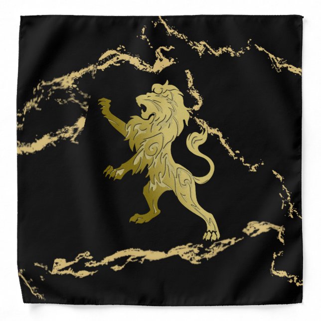 Golden Royal Lion on Black and Gold Marble Bandana (Front)