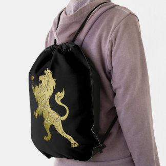 Golden Royal Lion on Black Drawstring Bag