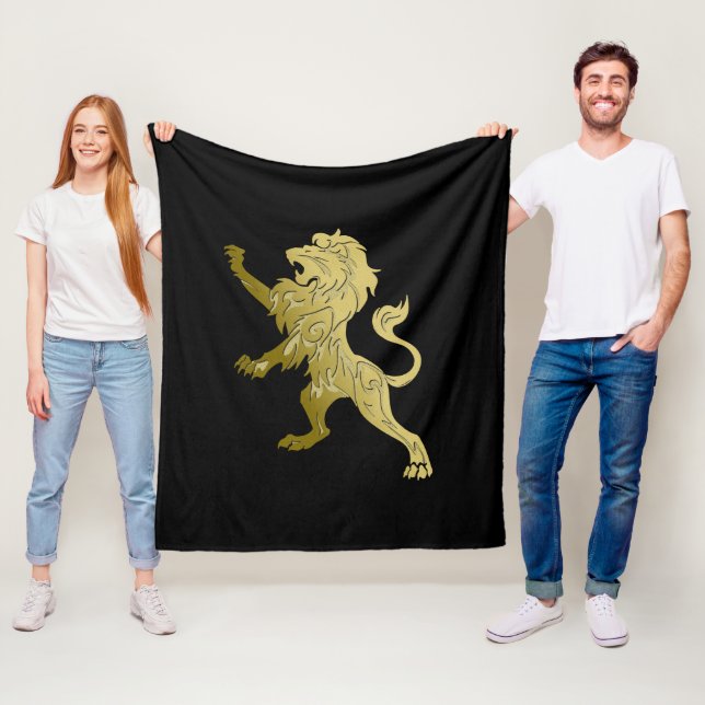 Golden Royal Lion on Black  Fleece Blanket (In Situ)