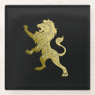 Golden Royal Lion on Black Glass Coaster