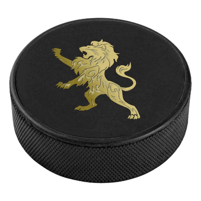 Golden Royal Lion on Black  Hockey Puck (3/4)