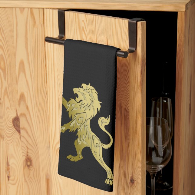 Golden Royal Lion on Black  Kitchen Towel (Thirds Fold)