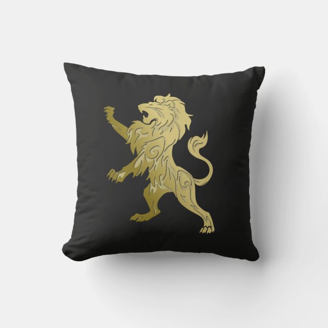 Golden Royal Lion on Black  Outdoor Pillow (Front)