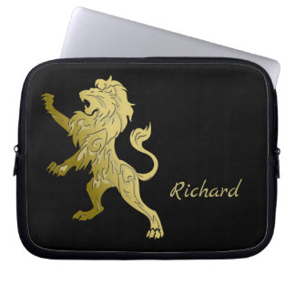 Golden Royal Lion on Black Personal Name Laptop Sleeve