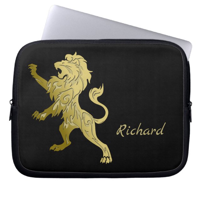 Golden Royal Lion on Black Personal Name Laptop Sleeve (Front)