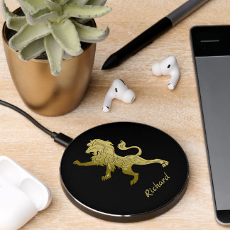 Golden Royal Lion on Black Personal Name Wireless Charger