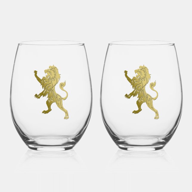 Golden Royal Lion  Stemless Wine Glass (Front)
