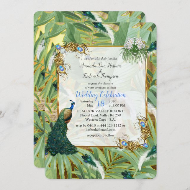 Golden Royal Peacock Feathers Invitation (Front/Back)