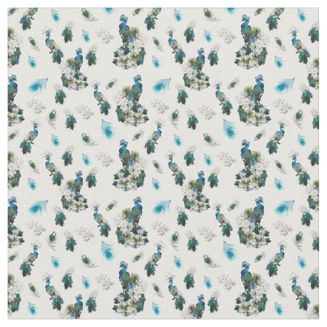 Golden Royal Peacock Feathers Running Print Fabric (Close Up)