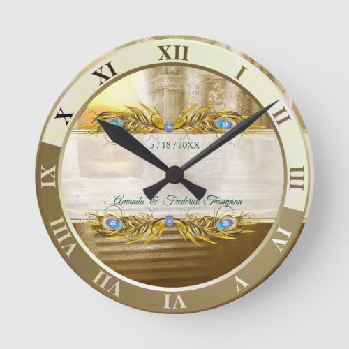 Golden Royal Peacock Temple Dreams Round Clock