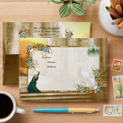 Golden Royal Peacock Temple Wedding Dreams Envelope