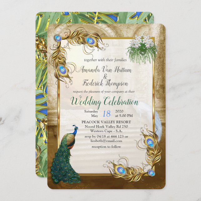 Golden Royal Peacocks - Feathers Invitation (Front/Back)