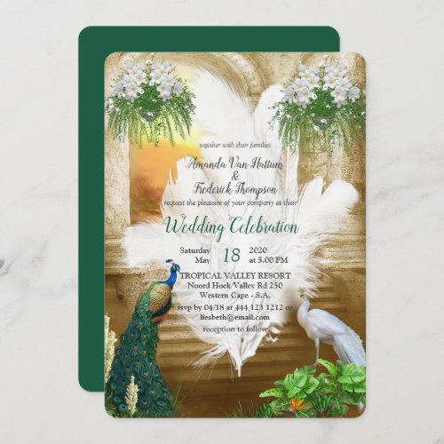 Golden Royal White Peacock Feathers Invitation