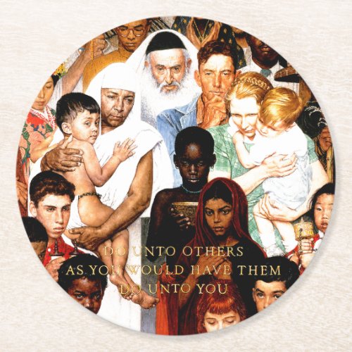 Golden Rule Do unto others by Norman Rockwell Round Paper Coaster