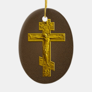 Golden Russian orthodox cross Ceramic Ornament