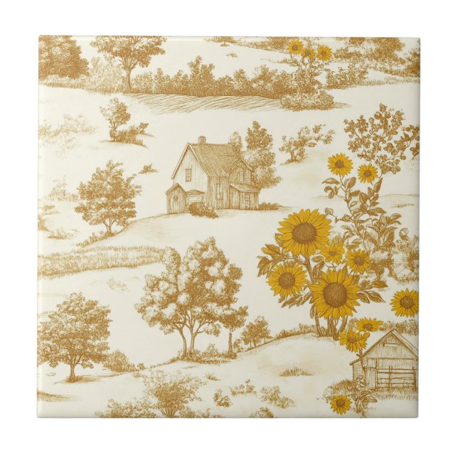 Golden Rustic Sunflower Countryside Toile Pattern Ceramic Tile (Front)