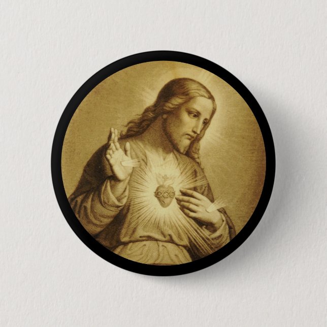 Golden Sacred Heart with Cross Pinback Button (Front)