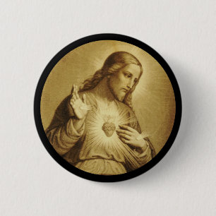 Golden Sacred Heart with Cross Pinback Button
