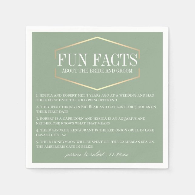 Golden Sage Green Fun Facts Personalized Napkins (Front)