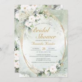 Golden Sage White Floral Elegant Bridal Shower Invitation