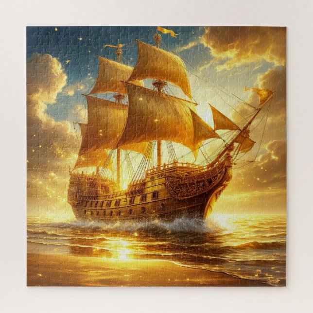 Golden Sailing Ship on Sunset Sea Jigsaw Puzzle (Vertical)
