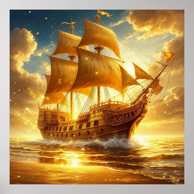 Golden Sailing Ship on Sunset Sea Poster (Front)