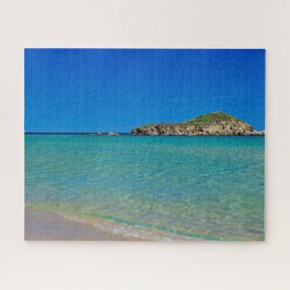 Golden sand beach with turquoise water & islet jigsaw puzzle