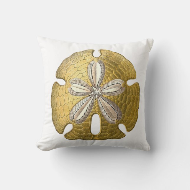 Golden Sand Dollar on White Throw Pillow. Pillow (Front)