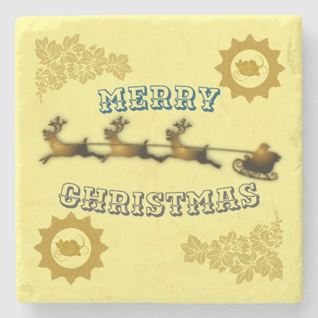 Golden Santa Sleigh Merry Christmas Vintage Stone  Coaster (Front)