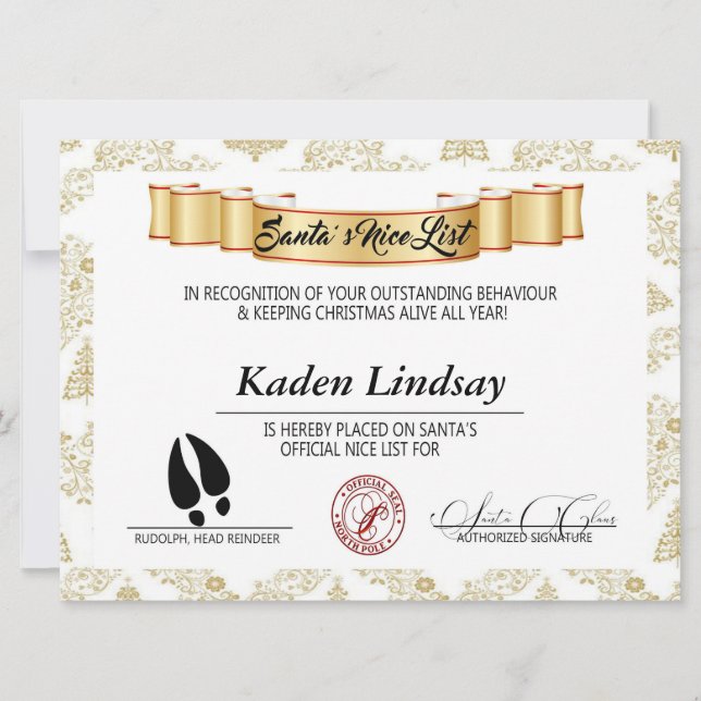 Golden Santa's Nice List Holiday Card (Front)