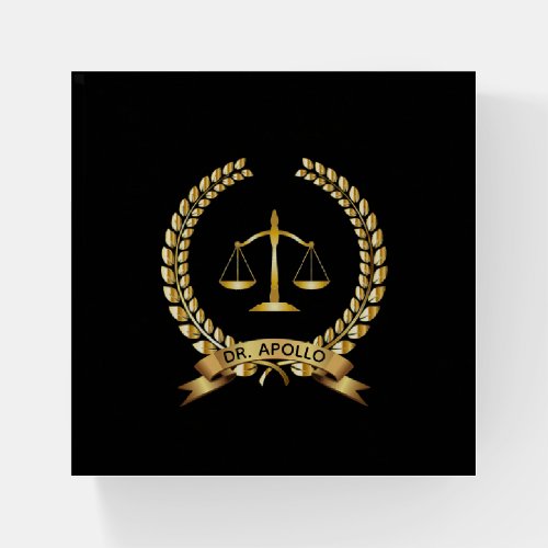 Golden Scales of Justice  Laurel on Black Paperweight