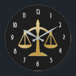 Golden Scales of Justice Law Theme Design Large Clock<br><div class="desc">A clock with an image of golden scales on a black background. Simple and elegant.</div>