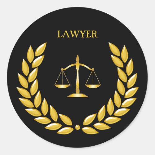 Golden Scales of Justice Lawyer on Black Classic Round Sticker