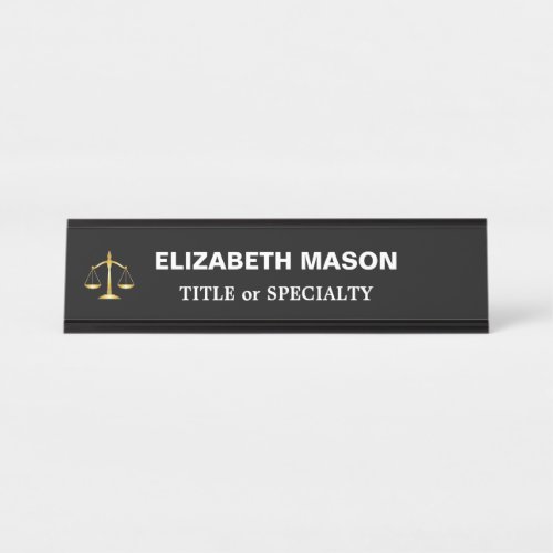 Golden Scales of Justice on Black and White Desk Name Plate