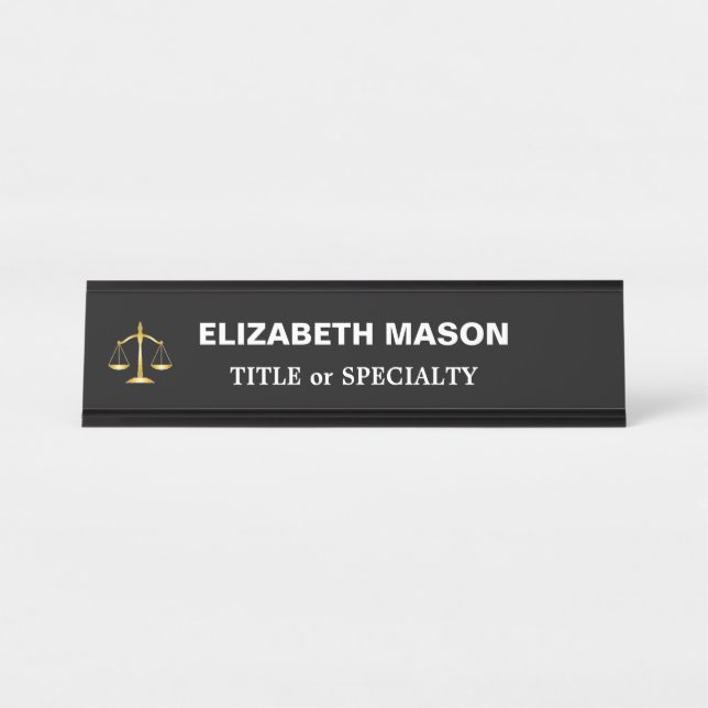 Golden Scales of Justice on Black and White Desk Name Plate (Front)