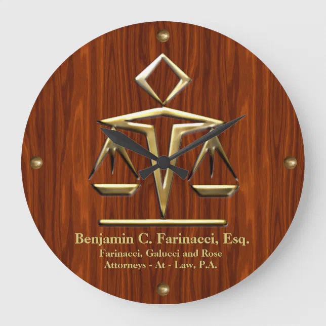Golden Scales of Justice on Cherry (Personalized) Large Clock (Front)