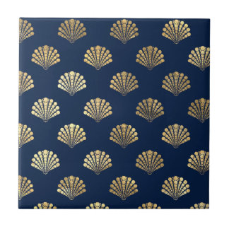 Golden Scallops on Blue Ceramic Tile
