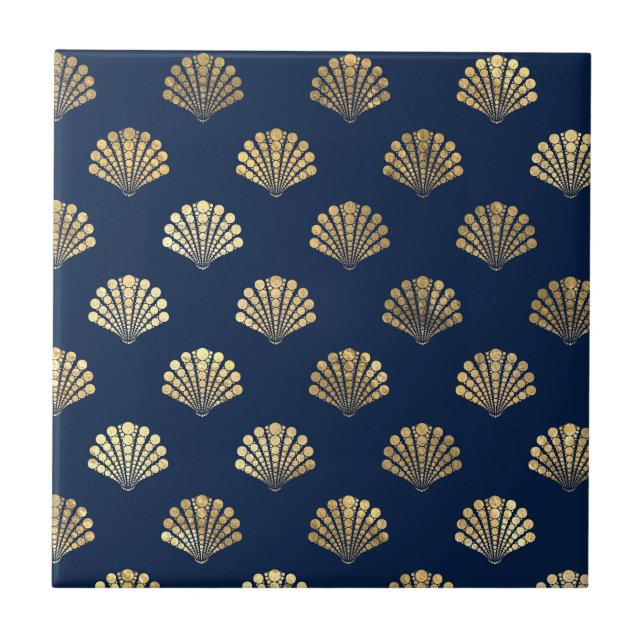 Golden Scallops on Blue Ceramic Tile (Front)