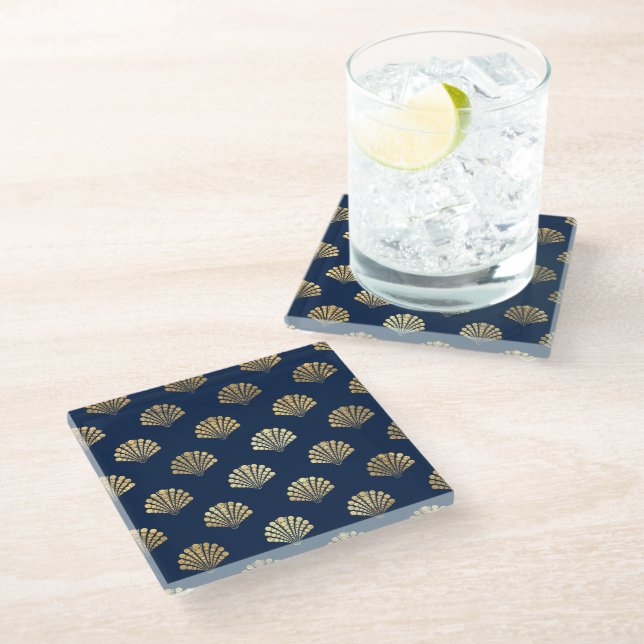 Golden Scallops on Blue Glass Coaster (Angled)