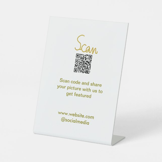 Golden Scan QR code glitter simple elegant calligr Pedestal Sign (Front)