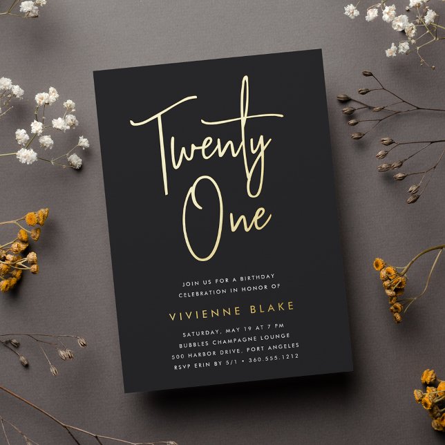 Golden Script 21st Birthday Party Foil Invitation (Creator Uploaded)