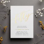 Golden Script 50th Birthday Party Foil Invitation<br><div class="desc">Celebrate her milestone birthday with these chic 50th birthday party invitations featuring "fifty" in modern gold foil hand sketched script lettering. Personalize with your party details beneath. A unforgettable,  luxe choice for fabulous 50th birthday celebrations.</div>