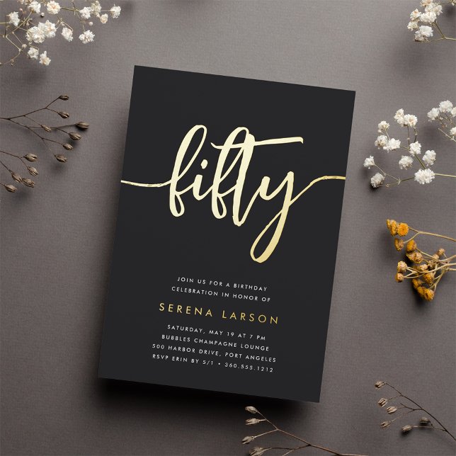 Golden Script 50th Birthday Party Foil Invitation (Creator Uploaded)