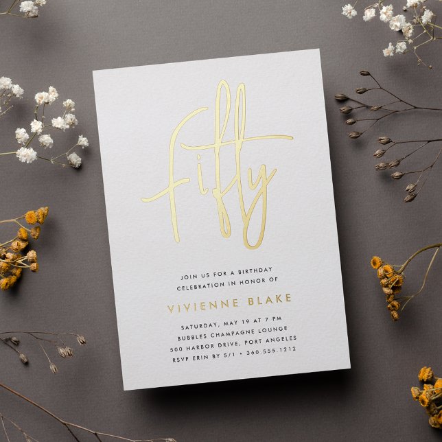 Golden Script 50th Birthday Party Foil Invitation (Creator Uploaded)