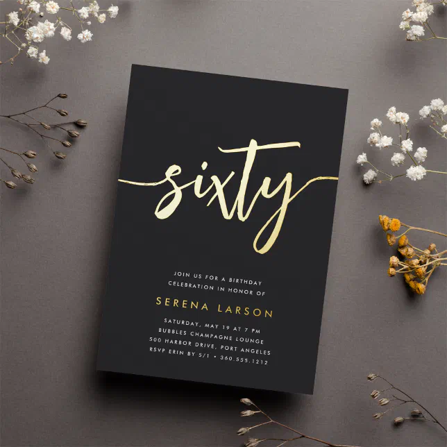 Golden Script 60th Birthday Party Foil Invitation | Zazzle