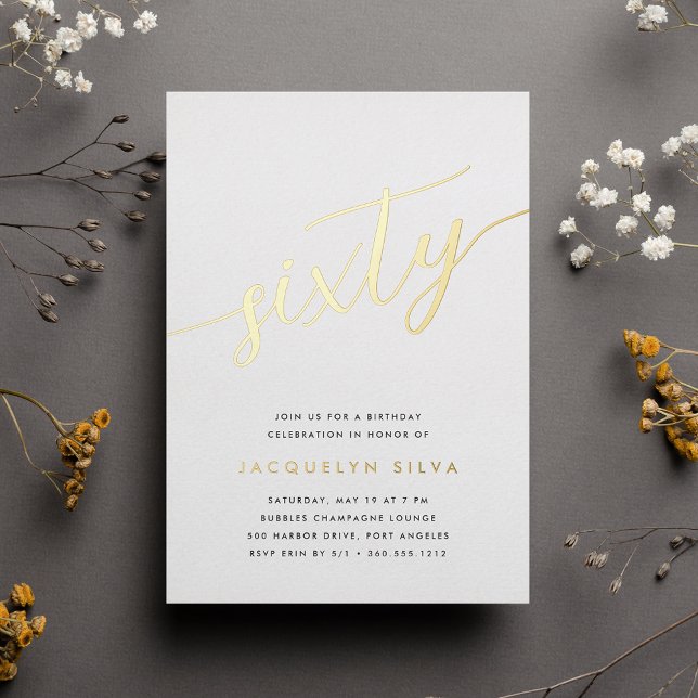 Golden Script 60th Birthday Party Foil Invitation (Creator Uploaded)