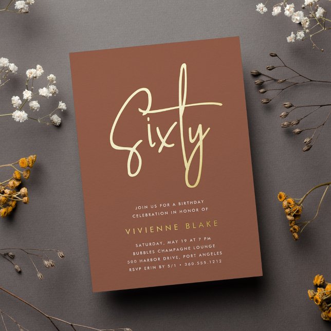 Golden Script 60th Birthday Party Foil Invitation (Creator Uploaded)