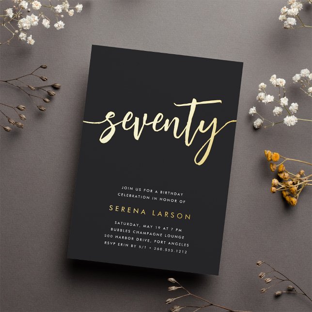Golden Script 70th Birthday Party Foil Invitation (Creator Uploaded)