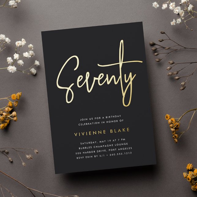 Golden Script 70th Birthday Party Foil Invitation (Creator Uploaded)